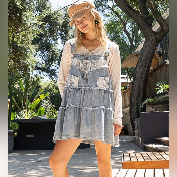 POL Denim Overall Dress Bohemian Frayed Details - Picture 3 of 10